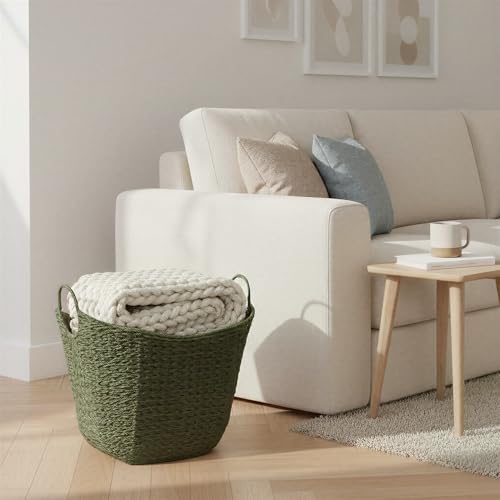 Household Essentials Natural Woven Wicker Storage Basket with Handles - color: Green Paper Rope