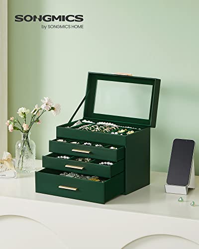 SONGMICS Jewelry Box Organizer, 4-Layer Storage with 3 Drawers, Glass Lid - color: Forest Green + Gold, size: 4 Layer (6"d X 9.9"w)