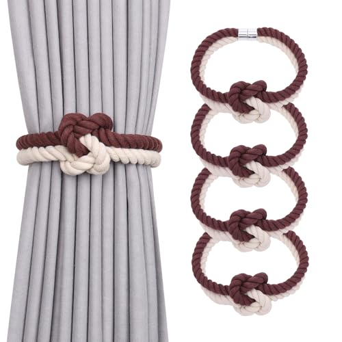 NICEEC Cotton Rope Magnetic Curtain Tiebacks, 4 Pack, Coffee & Beige - color: Coffee & Beige, size: 4 Pack