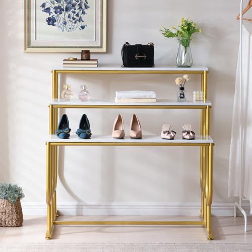 3-Tier Display Riser Stand, Gold Metal Frame, Marble-Look Shelves