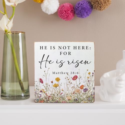 Christian Easter Decorations, Floral Easter He Is Risen Bible Verse Wooden Box Sign Spring Home Decor for Shelf Tabletop Kitchen Bathroom 5x5 Inch - color: K