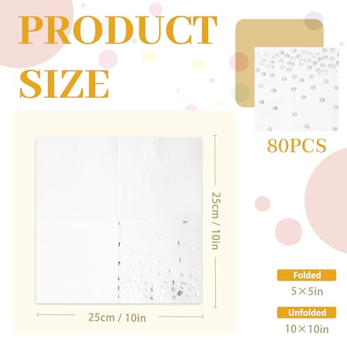 80 Pack of White Paper Cocktail Napkins with Gold Foil Polka Dot Confetti,Polka Dot Party Supplies(5 x 5 in,3-ply) (Silver) - style: Silver Dot