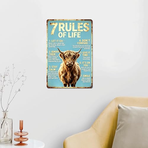 Inspirational 7 Rules Of Life Fluffy Highland Cow Design,Durable Rustproof Aluminum Wall Sign,Shabby Chic Kitchen Bedroom Accent, Uplifting Present Plaque 8x12 Inch - color: M2030-Cow1-6