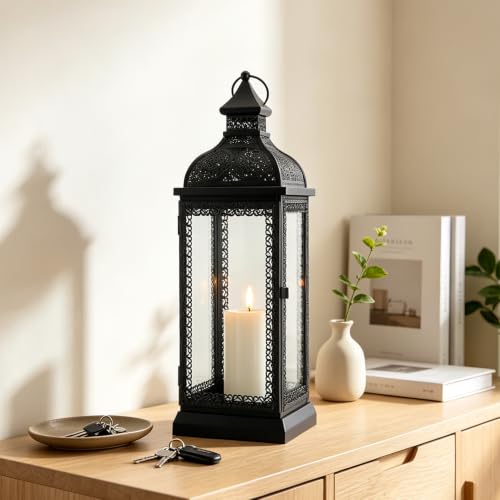 TRIROCKS Rustic Style Metal Candle Lantern 19'' High Decorative Hanging Lantern Candle Holder with Tempered Glass for Christmas Living Room Garden Yard Patio Parties Events Indoors Outdoors(Black) - color: Black, size: 19''H
