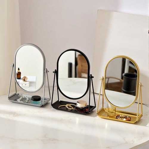 Black Metal Framed Oval Desk Table Mirror with Storage Tray - color: Oval-black