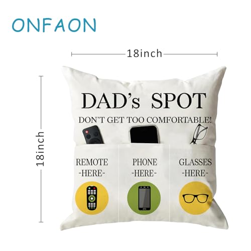 ONFAON Father's Day Throw Pillow Case, Dad's Spot Throw Pillow Covers 18 x 18 Inch,Dad Gifts from Daughter Son,Birthday Christmas Thanksgiving Day Gifts for Papa Stepdad ,3-Pocket - color: Dad 3-pocket