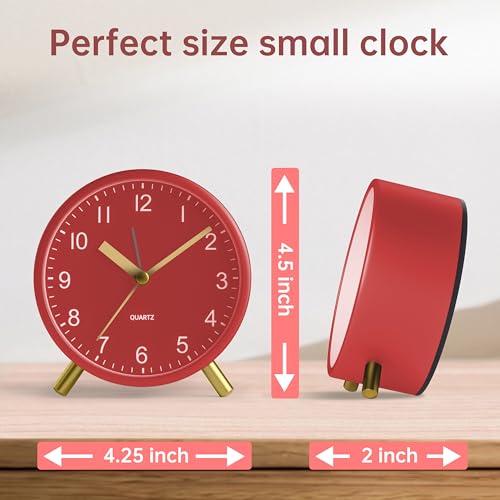 JALL Analog Alarm Clock, 4 inch Super Silent Non Ticking Small Clock with Night Light, Battery Operated, Simple Design, Easy Setting for Office, Bedroom, Bedside, Desk, Teens, Elders, Adult, Red - color: Deep Red