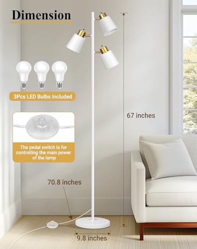 Tree Floor Lamps for Living Room, 67" Modern Standing Lamp with 3 Lights - color: White Gold