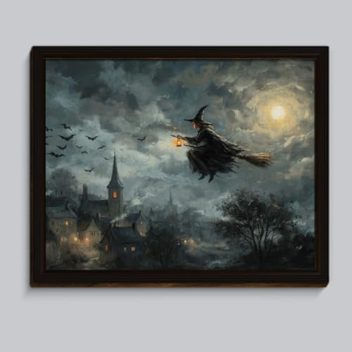 BIQRP Halloween Witch Flying On Broom Over Village Wall Art Decor - color: Flying1