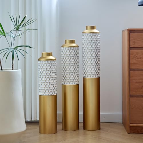 Metal Tall Floor Vase Set of 3, Large Gold Vase Decorative Tall Stand Vases for Dried Flower, Modern Home Decor for Living Room, Hallway, Wedding Centerpiece, 24"/28.3"/32.6", Honeycomb Golden Relief - color: Honeycomb Golden Relief