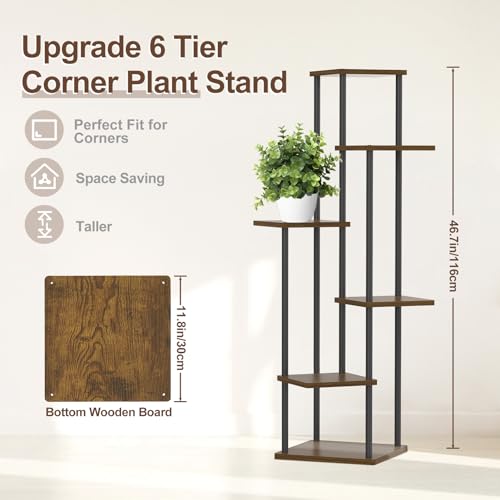 Oppro Plant Stand Indoor Outdoor, 6 Tier Corner Tall Metal Wood Shelf - color: Oak-6 Tier