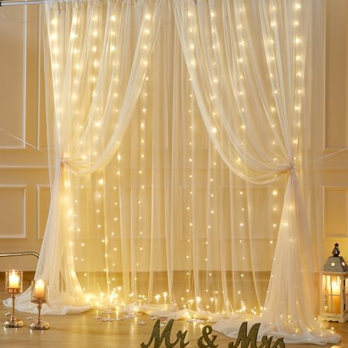Besutolife Sheer Curtains with Lights Champagne Tulle Backdrop Curtain for Bedroom Parites Wedding Birthday Decorations 2 Panels 60" Wx96 L - color: Champagne, size: 60"W x 96"L (Pack of 1)