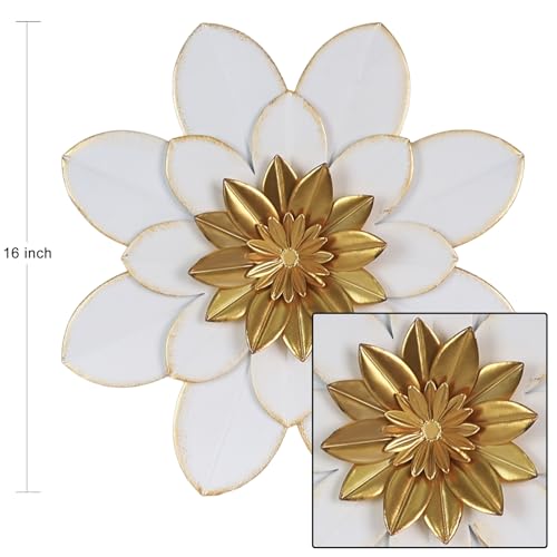 hogardeck Metal Flower Wall Decor, 16" White Gold Floral Metal Wall Art for Indoor Outdoor, Boho Farmhouse Modern Wall Decor for Bathroom, Living Room, Kitchen, Bedroom, Porch, Garden, Yard - color: White Gold