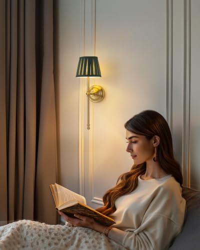 KDG Gold Cordless Wall Sconces Set of 2, Green Fabric LED Wall Lamps - color: Gold + Green Lampshde (2 Pack)