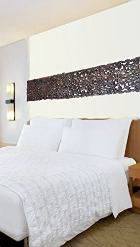 Large Carved Wood Floral Wall Panel. Tropical Asian Home Decor in Dark Brown Finish, Size 35.5"x13.5"