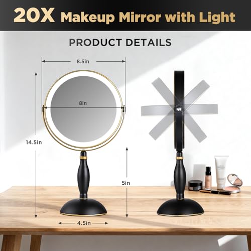 Lighted Makeup Mirror, 20x Magnifying - Matte Black with Gold Trim - color: Matte Black With Gold Trim