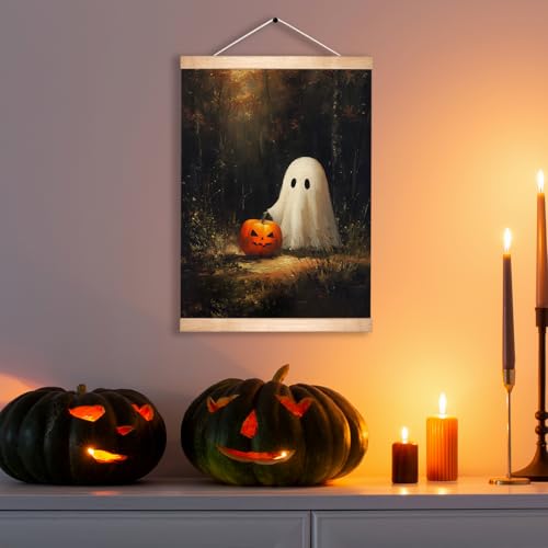 Rustic Halloween Ghost and Pumpkin Wall Art 18.5x14 Inch, Vintage Farmhouse Linen Canvas Wall Hanging Poster , Halloween Home Decor, Retro Gothic Haunted House Theme Wall Poster for Living Room Bedroom(BLK09) - color: BLK09