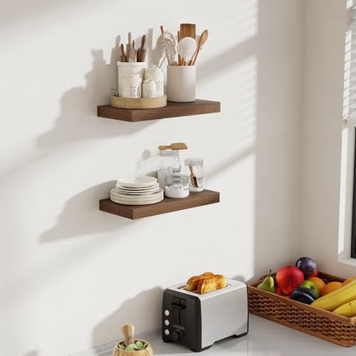 Acovy 16 Inch Floating Shelves, 8 Inch Deep Floating Shelves for Wall, Hanging Shelf with Invisible Brackets, Deep Shelves for Bathroom, Bedroom, Living Room, Walnut, Set of 2 - color: Walnut, size: 8"Wx16"L-2pcs