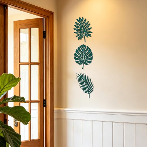 Rajukit Set of 3 Green Tropical Leaf Metal Wall Art – Monstera Leaf Decor, Boho & Leaves Wall Decor for Living Room & Bathroom(7.9" × 10.2",7.7" × 10.2",7.1" × 10.2")