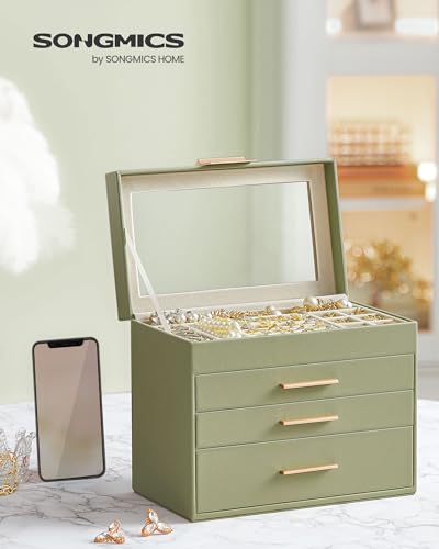 SONGMICS Jewelry Box Organizer, 4-Layer Storage with 3 Drawers, Glass Lid - color: Laurel Green + Gold, size: 4 Layer (6"d X 9.9"w)