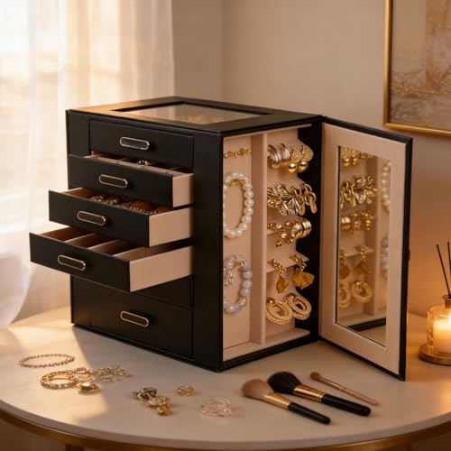 BOOVO Clear Lid Jewelry Box,6 Layers Jewelry Organizer (Black, 6 Layer) - color: Black, size: 6 Layer