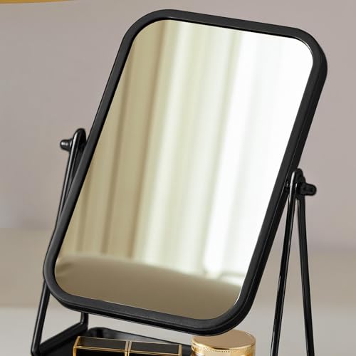 Small Desk Mirror with Storage Tray Tabletop Makeup Mirror Black - color: Rectangular-black