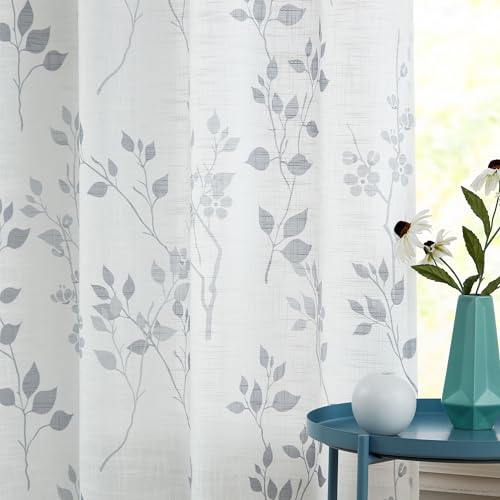 Beauoop Floral Linen Semi Sheer Curtains Living Room Grey 50x84 2 Panels - color: Grommet | Grey, size: 50"W x 84"L (Pack of 2)