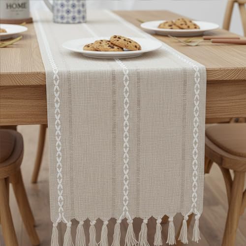 Boho Table Runner with Tassels, Handwoven with Weave Texture Fringe for Easter Table Runners Spring Dining Coffee Tables Living Room Dresser Sideboard Home Decor 108" - color: Khaki, size: 108"