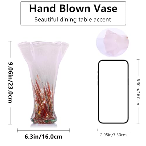 9.0" H Pink Red Glass Vases for Flower, Unique Hand Blown Glass Vase - color: Pink Red