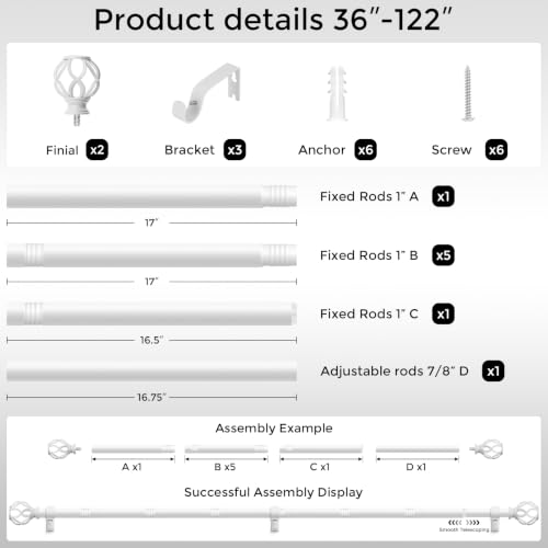 White Curtain Rod 36-122 Inch, 1 Inch Curtain Rods for Windows - color: White, size: 36"-122" (1 Pack)