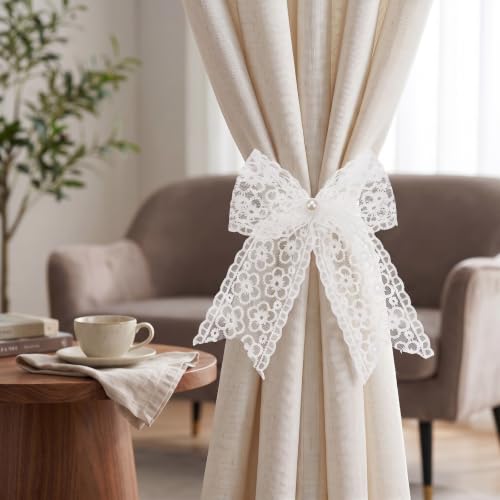 White Lace Bow Curtain Tiebacks 6-Pack, Vine Floral Curtain Holdbacks - color: White Leaf Filigree