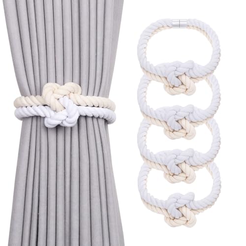 NICEEC Cotton Rope Magnetic Curtain Tiebacks, 4 Pack, Beige & White - color: Beige & White, size: 4 Pack