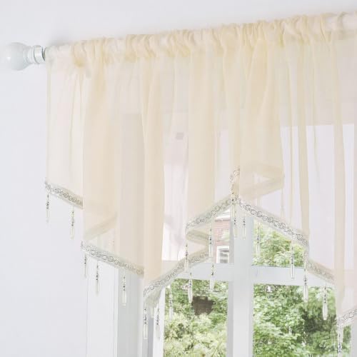 Molaxhome Swag Curtain Scalloped Curtain Valance Drape Sheer Lace Panel 1pc - color: Beige