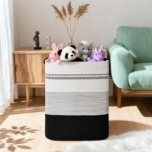 Laundry Hamper, 85L Tall Laundry Basket with Leather Handles, Rectangle Large Clothes Hamper for Organizing, Cotton Woven Laundry Baskets Storage Hampers for Bedroom, Nursery, Living Room - color: Black, size: 85L