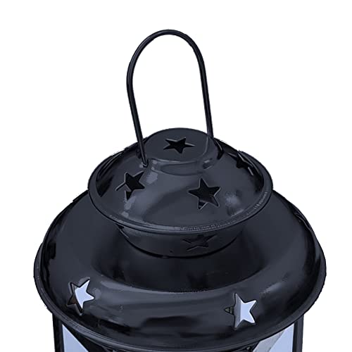 2 Pcs European Design Antique Glass Hanging Candle Lanterns with Stars Metal Frame Candlestick Holder Night Lamp, Romantic Xmas Wedding Party Decoration (Black) - color: Black