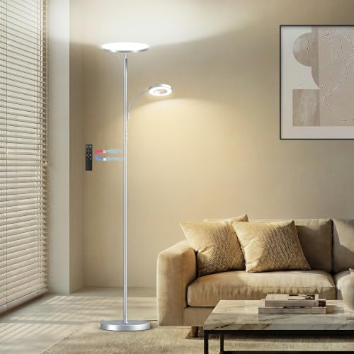 marctronic Silver Modern Floor Lamp, 42W 4000LM High Lumen Output, Full Range Dimming & Preset Modes, Touch Control Standing Lamp for Living Room/Reading Nook - color: Silver