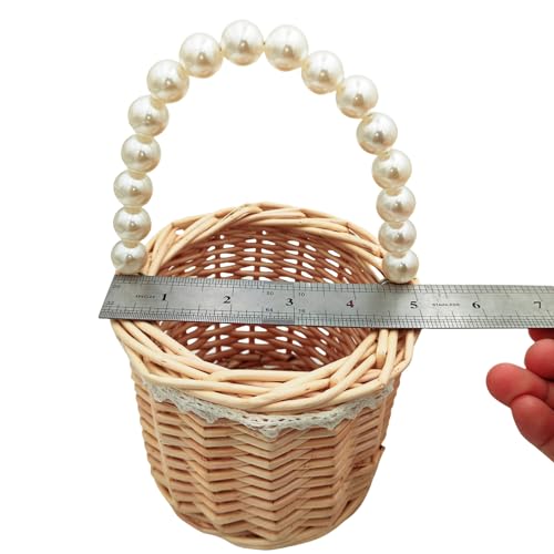 Rustic Wicker Rattan Wedding Flower Girl Baskets,Woven Rattan Storage Basket with Pearl Handles,Woven Eggs Candy Basket for Wedding Home Garden Decor (F - 2PCS) - color: F - 2PCS