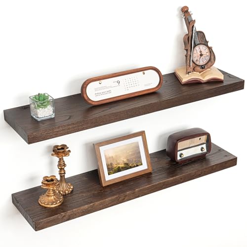 Floating Shelves for Wall, 8" Deep Elm Wood Shelves, 32in Set of 2, Walnut - color: Walnut, size: Flat Edge, 32inch, 2Packs