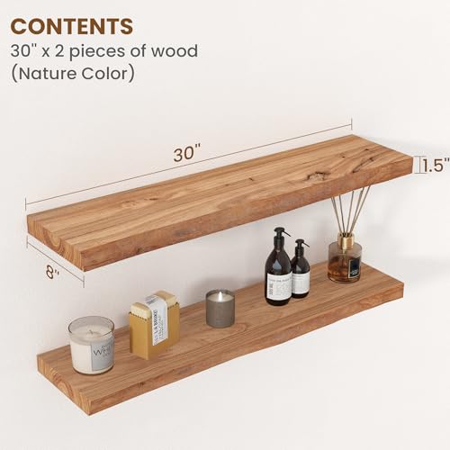Floating Shelves for Wall Decor, Rustic Solid Elm Wood Live Edge Floating Shelves Wall Mounted, Wall Shelves with Invisible Bracket for Living Room Bathroom Bedroom Kitchen, 30 Inch Set of 2, Natural - color: Natural, size: Live Edge, 30inch, 2Packs