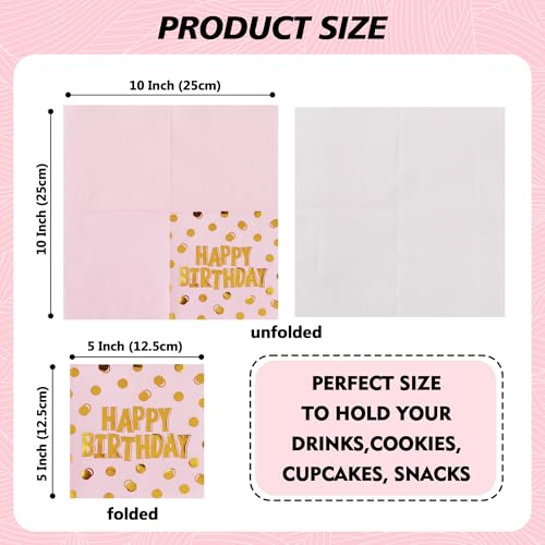 Vuzvuv 52 Pack Birthday Cocktail Napkins with Cute Dots Gold Stamping - Happy Birthday Party Dinner Hand Napkin for Party Supplies Decorations Table Decor for women man(5" Folded 3 Ply-Pink) - color: Polka Dot Pink