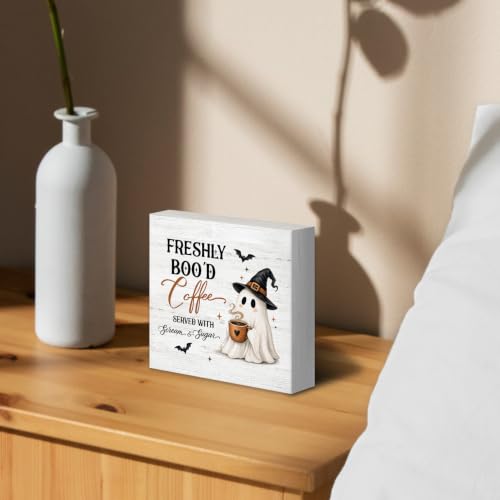 Halloween Freshly Boo'd Coffee Ghost Wood Box Sign Desk Decor 5X5 - color: Witchy Coffee