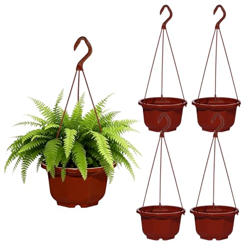 4 Pieces Plastic Hanging Planters, 6.7 x 5.5 Inch Hanging Flower Basket with Hook Hanging Nursery Planter Holder Small Flower Pots for Outdoor Indoor Plant Garden (Brown) - color: Brown