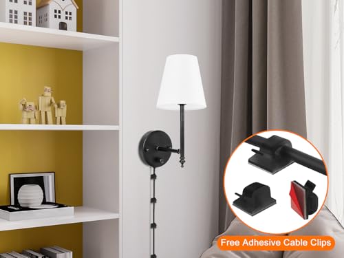 GOODATE 14.1 inch Wall Sconces Set of Two with Remote Control, Dimmable, Adjustable Colors 2700-6500K, Plug in Wall Sconces with White Fabric Shades, Plug in Wall Light, Black - color: Black-White
