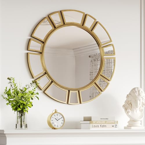CozyDH Retro Gold Sunburst Mirror Decor - 24 inch Round Wall Mirror Decorative with Metal Frame Modern Bohemian Sun Art Decor Mirror for Entryway Bedroom Living Room Hallway Bathroom Fireplace - color: 23.6 Inch-retro Gold