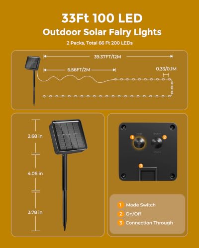 Solar String Lights, 2 Packs Total 66Ft 200 LED Fairy Lights with 8 Modes - color: Warm White, size: 33FT*2Packs