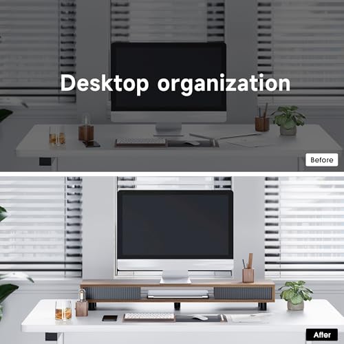 Fenge Dual Monitor Stand with Storage, Desk Shelf with Glass Sliding Door - color: Brown