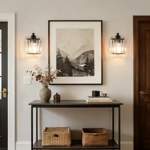 BELS 8 Inch Battery Operated Wall Sconces Set of 2, Farmhouse Black Wall Lights Fixture with Crystal Shade, 3 Colors Temperature, Remote Control, Dimmable, Wall Sconces for Mirror, Bathroom, Bedroom - color: Crystal
