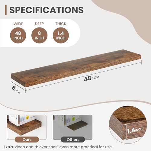 Acovy 48 Inch Floating Shelves, 8 Inch Deep Floating Shelves for Wall, Hanging Shelf with Invisible Brackets, Deep Shelves for Bathroom, Bedroom, Living Room, Brown, Set of 2 - color: Brown, size: 8"Wx48"L-2pcs