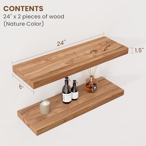 Floating Shelves for Wall Decor, 8" Deep Rustic Solid Elm Wood Floating Shelves Wall Mounted, Wall Shelves with Invisible Bracket for Living Room Bathroom Bedroom Kitchen, 24 Inch Set of 2, Natural - color: Natural, size: Flat Edge, 24inch, 2Packs