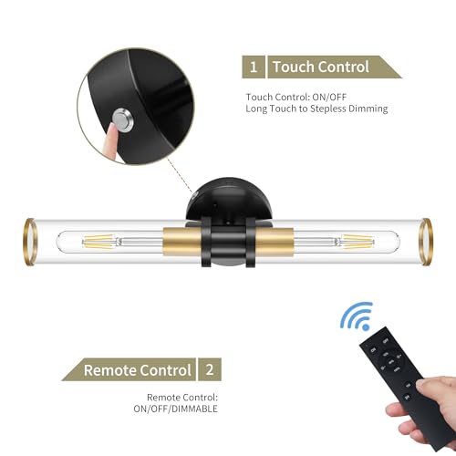 Rayogale Black & Gold Wireless Battery Operated Wall Sconces with Remote - color: Black Gold(Clear Tubular Lampshade)